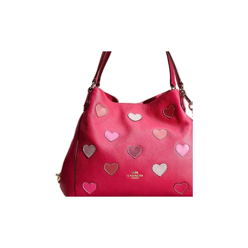 COACH Edie Pebbled Leather Handbag, Shoulder Bag Women's Rose Red-3