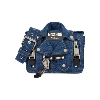 MOSCHINO Jacket-Style Logo Patch Denim Shoulder Bag