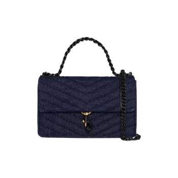 REBECCA MINKOFF Edie Cotton With Genuine Leather Shoulder Bag Crossbody Bag Mini Women's Dark Blue & Black