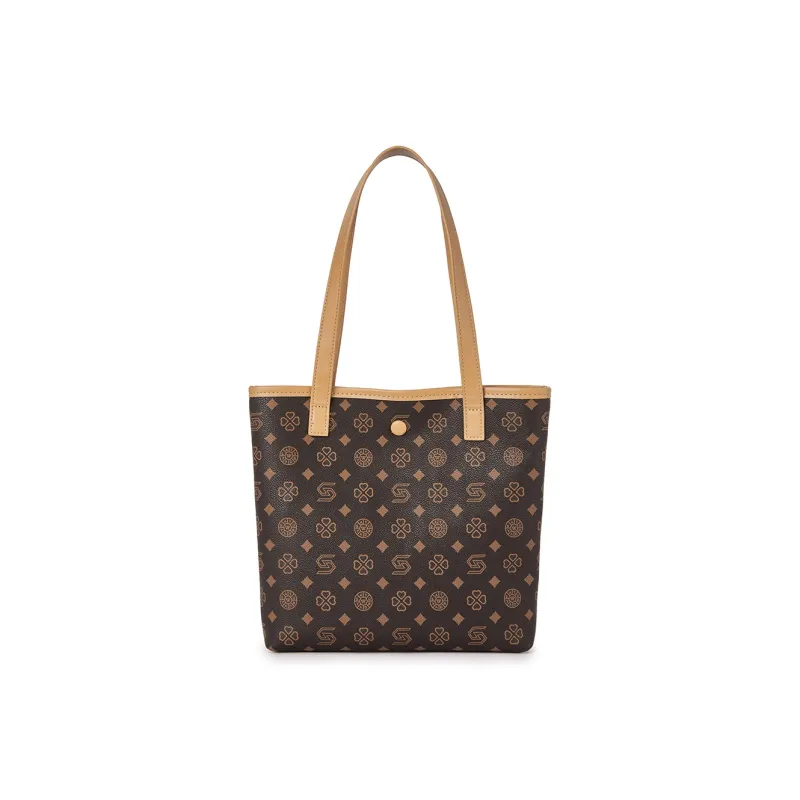 ST&SAT Synthetic Leather Tote Bag, Shopping Bag, Shoulder Bag Women's Coffee/Ecru-0
