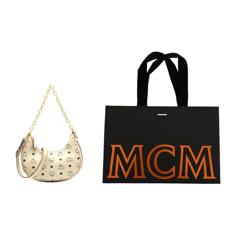 MCM Aren Leather Shoulder Bag Trumpets Unisex Beige-4