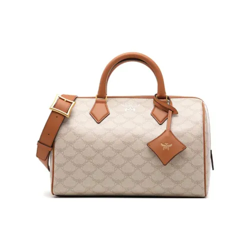 MCM Leather Crossbody Bag Boston Bag Handbag Medium Size Women's Beige