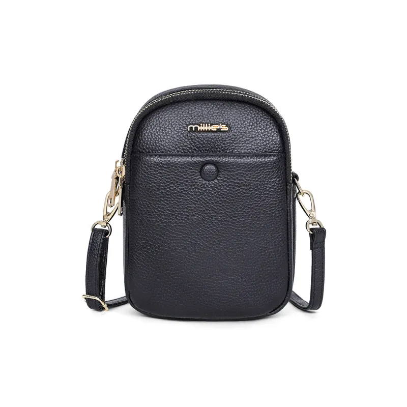 MILLIE'S Cow Leather With Synthetic Leather Cell Phone Pouch, Shoulder Bag, Crossbody Bag Small Size Women's Black-3