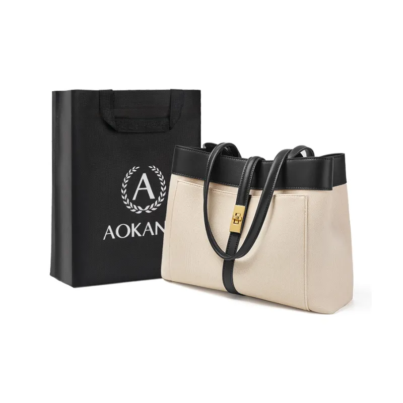 AOKANG Cow Leather Tote Bag, Shopping Bag, Shoulder Bag Large Size Women's Vil Brown/Kama Black-4