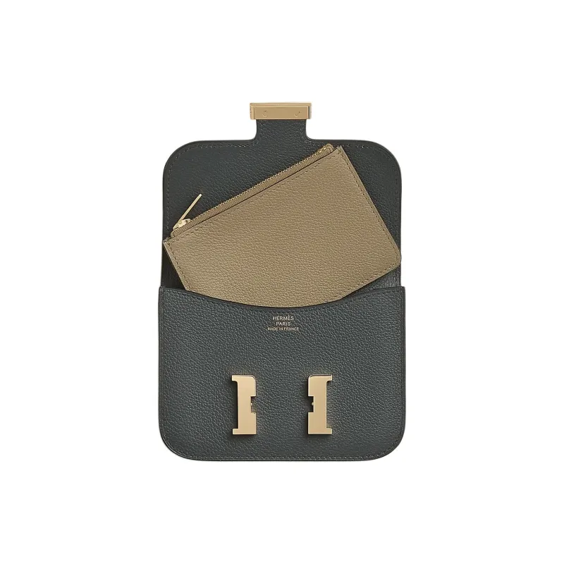 HERMES Constance Slim Evercolor Calfskin Card Holder Coin Purse Fanny Pack Women's Dusty Gray With Marbling Beige-2