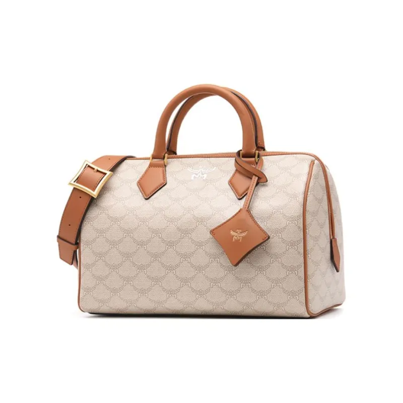 MCM Leather Crossbody Bag Boston Bag Handbag Medium Size Women's Beige-1