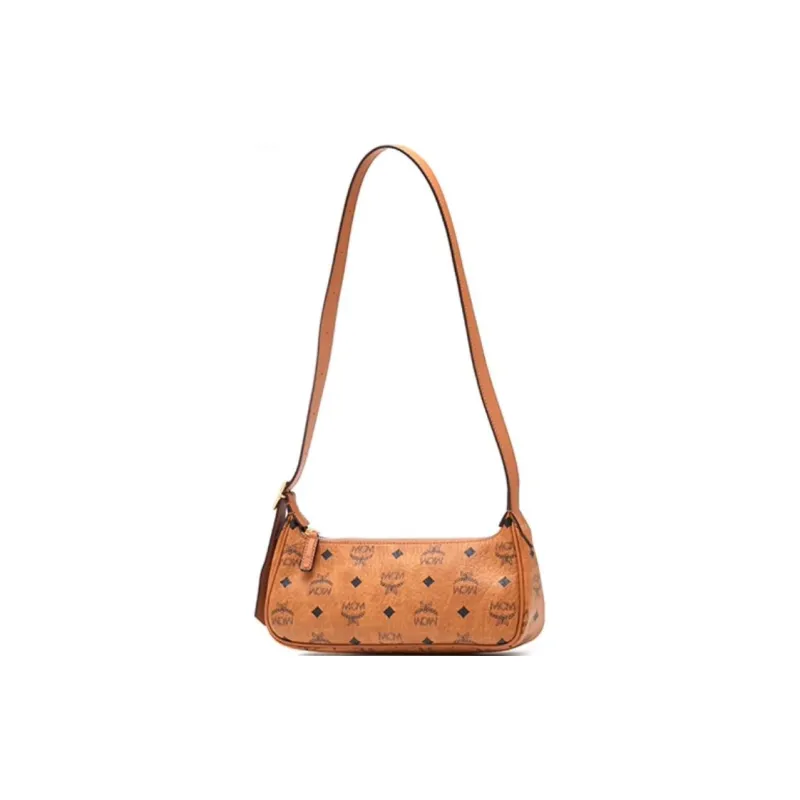 MCM Aren Canvas With Leather Shoulder Bag Small Size Women's Brown With Cognac-1