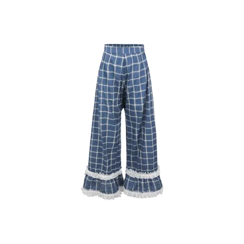 Selkie Casual Pants Women's Navy Blue Plaid Tea Towel Print