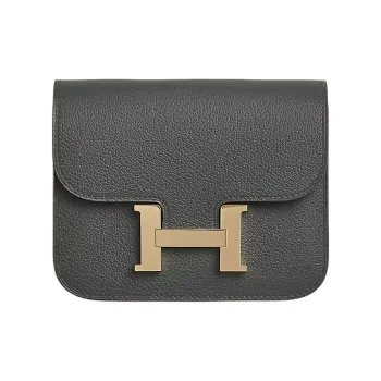 HERMES Constance Slim Evercolor Calfskin Card Holder Coin Purse Fanny Pack Women's Dusty Gray With Marbling Beige