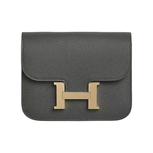 HERMES Constance Slim Evercolor Calfskin Card Holder Coin Purse Fanny Pack Women's Dusty Gray With Marbling Beige