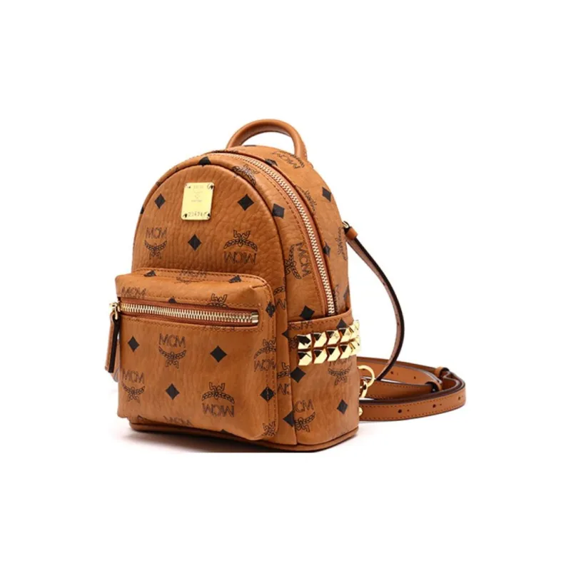 MCM Stark Visetos Coated Canvas With Leather Trim Backpack Extra Mini Unisex Brown Cognac-1