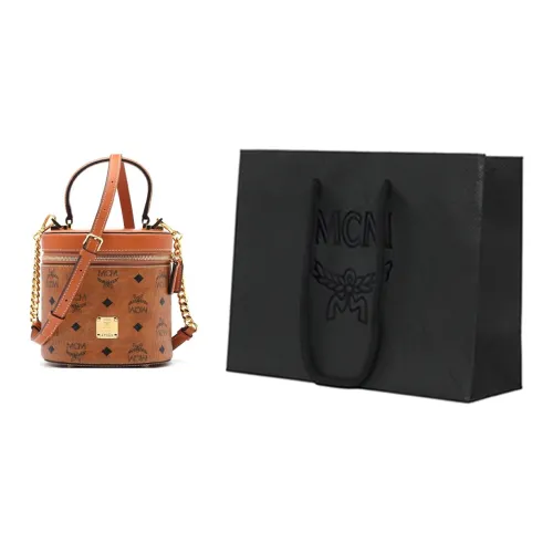 MCM Visetos Leather Cylinder Bag, One Shoulder Crossbody Bag, Shoulder Bag Small Size Women's Brown Cognac