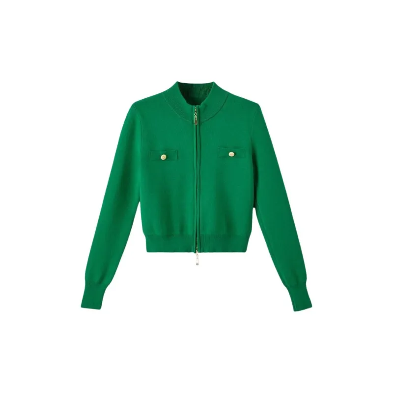 Late White Knitted Fabric Cardigan Women's Green-0
