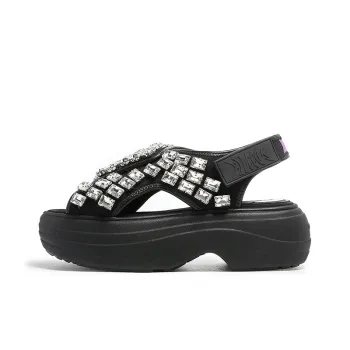 BLOCCO5 Height Increasing Rhinestone Hook and Loop Outdoor Slippers Strap Sandals Medium Heel 3 5cm Women's Black