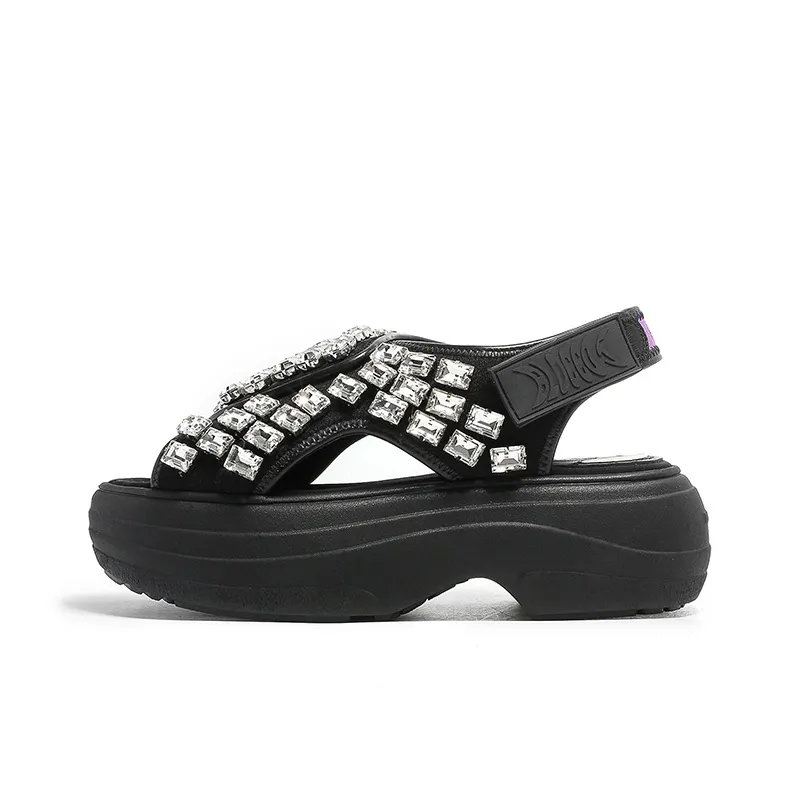 BLOCCO5 Height Increasing Rhinestone Hook and Loop Outdoor Slippers Strap Sandals Medium Heel 3 5cm Women's Black-0