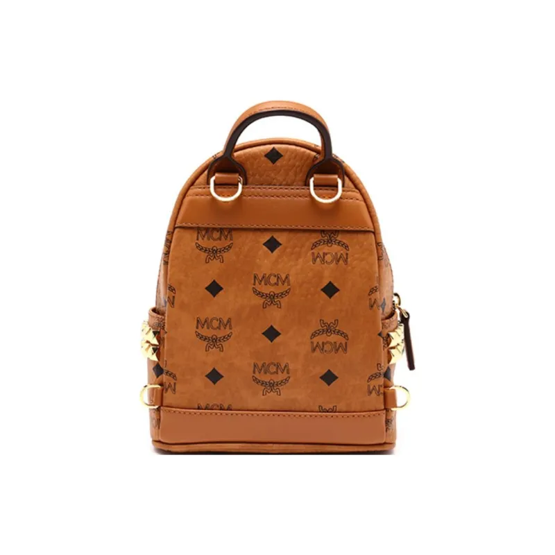 MCM Stark Visetos Coated Canvas With Leather Trim Backpack Extra Mini Unisex Brown Cognac-3