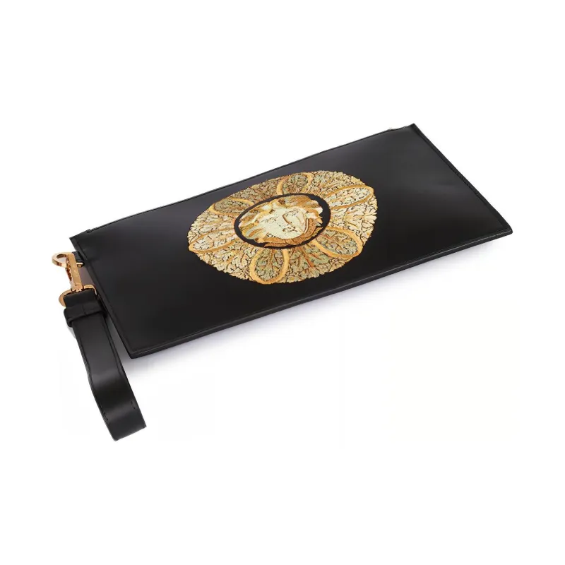 VERSACE Leather Wrist Bag Clutch Men's Black-4