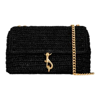 REBECCA MINKOFF Edie Straw Woven Shoulder Bag Crossbody Bag Medium Size Women's Black