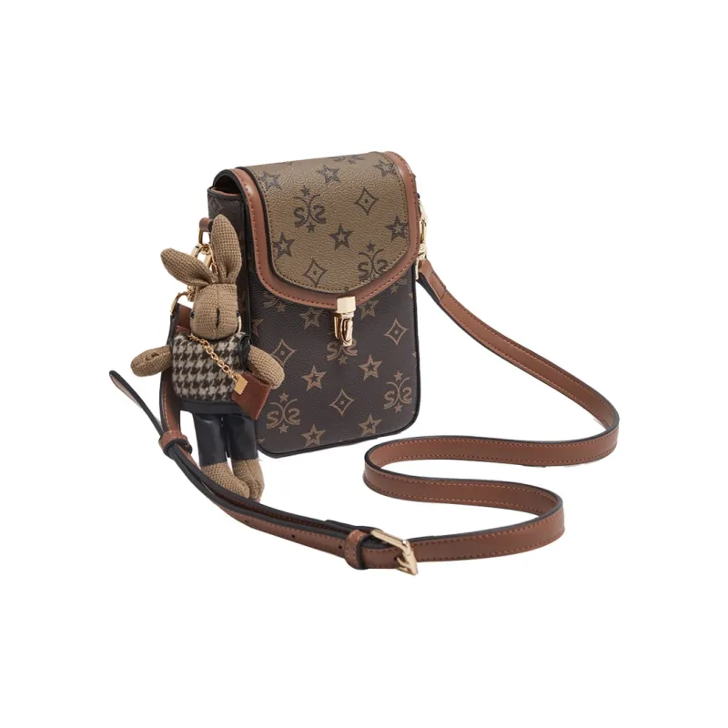 Old Man's Head PVC Crossbody Cell Phone Pouch Mini Women's Coffee/Ecru-3
