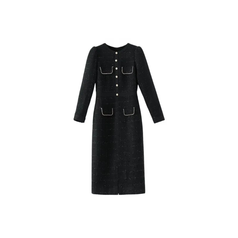 Late White Long Sleeved Dress Women's Black-0