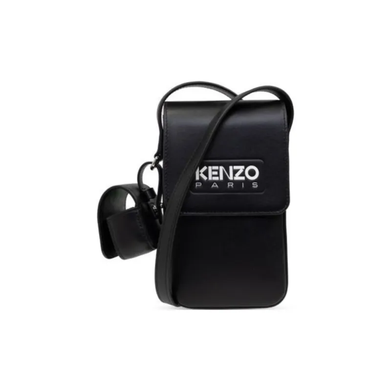 KENZO Cow Leather One Shoulder Crossbody Cell Phone Pouch Unisex Black-4