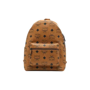 MCM Stark Visetos Coated Canvas Backpack Medium Size Unisex Brown Cognac