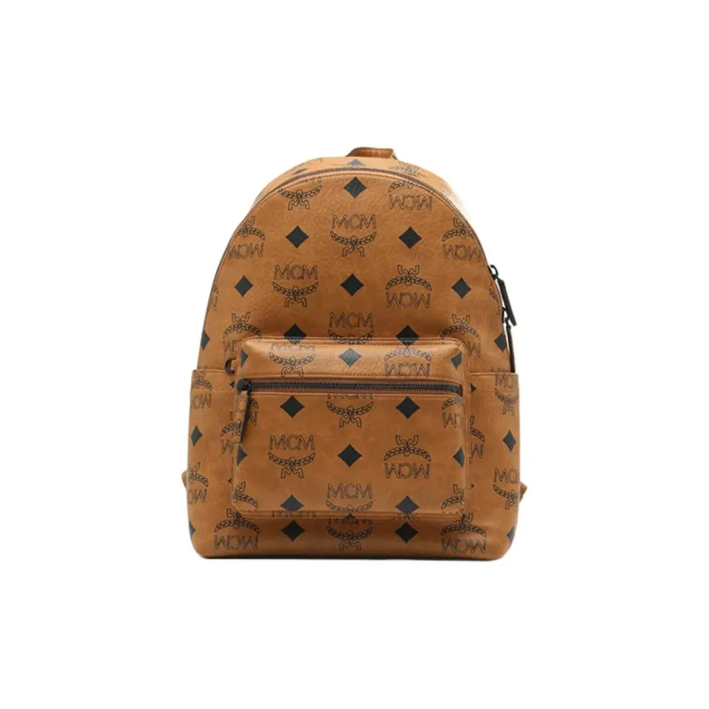 MCM Stark Visetos Coated Canvas Backpack Medium Size Unisex Brown Cognac-0