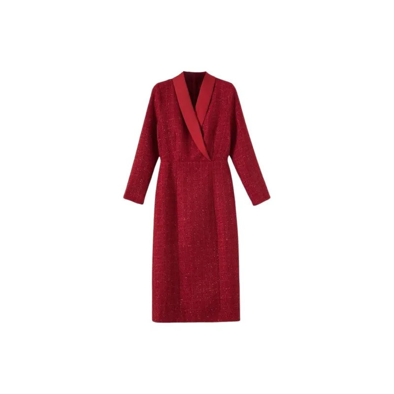 Late White Long Sleeved Dress Women's Red-0