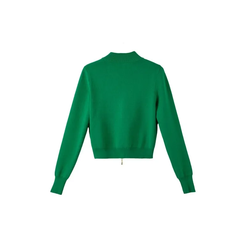 Late White Knitted Fabric Cardigan Women's Green-1
