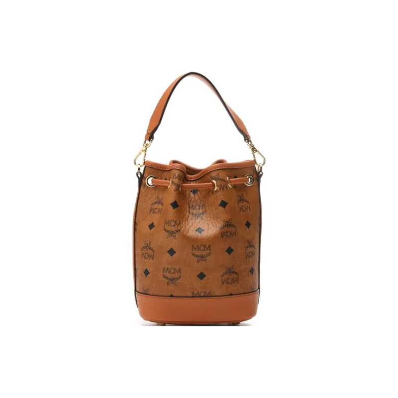 MCM Artificial Leather, Leather Bucket Bag, Crossbody, One Shoulder Handbag Mini Women's Brown Cognac-3