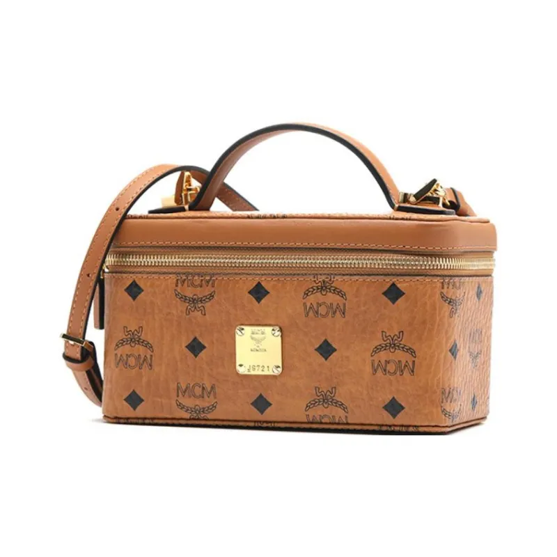 MCM Leather Box Bag, Makeup Bag, Shoulder Bag, Crossbody Bag, Handbag Women's Brown Cognac-2