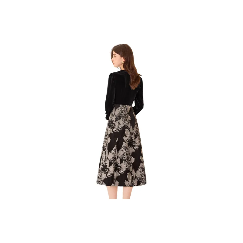 TOUCH Long Sleeved Dress Women's Black & Black With Beige Floral-1