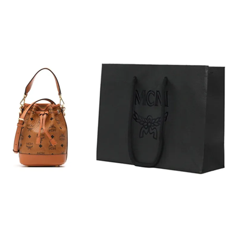 MCM Artificial Leather, Leather Bucket Bag, Crossbody, One Shoulder Handbag Mini Women's Brown Cognac-6
