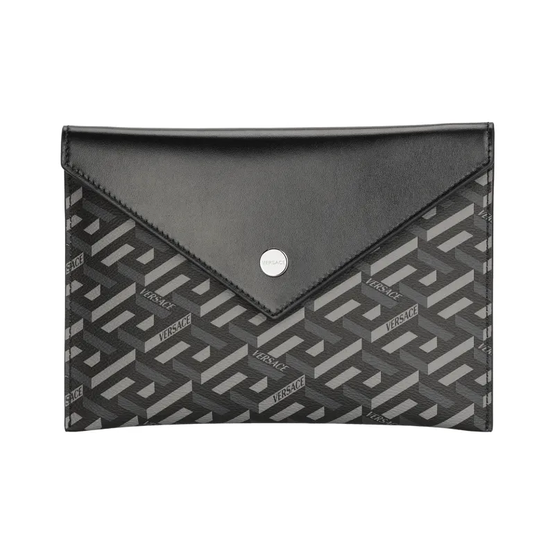 VERSACE Coated Canvas With Leather Multi Purpose Clutch Bag Unisex Black & Gray-2