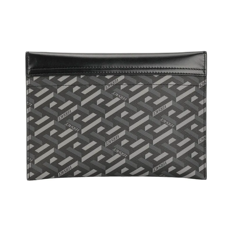 VERSACE Coated Canvas With Leather Multi Purpose Clutch Bag Unisex Black & Gray-5
