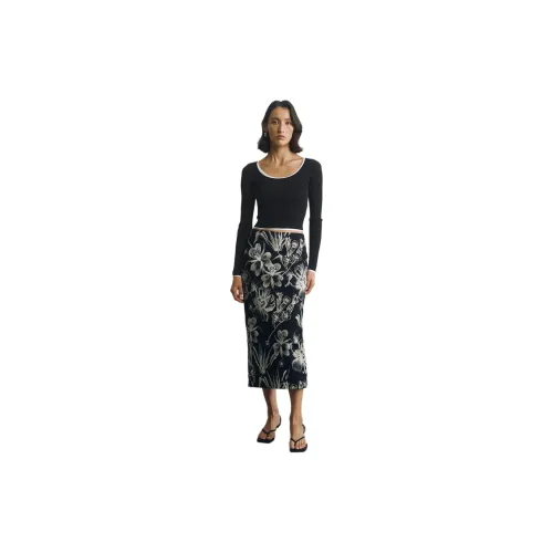 ZHIZHI Casual Long Skirts Women's Black Base With White And Multicolor Accents