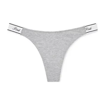 Victoria's Secret PINK LOGO COTTON HIGH-LEG THONG PANTY / Medium Heather Grey Underpants Women's 1 Pack Gray
