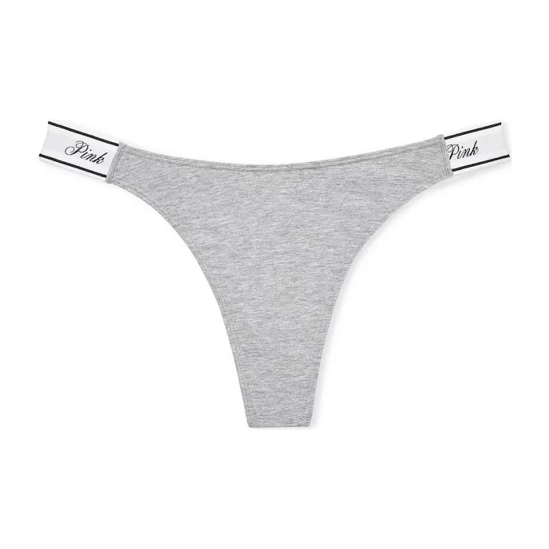 Victoria's Secret PINK LOGO COTTON HIGH-LEG THONG PANTY / Medium Heather Grey Underpants Women's 1 Pack Gray-0