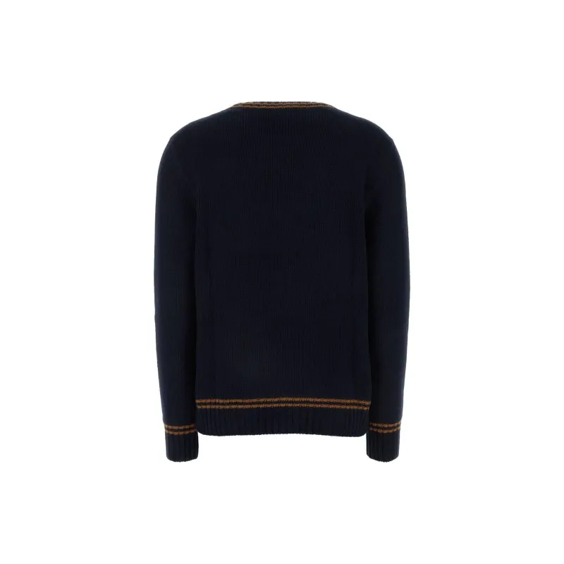 PRADA Logo Intarsia Striped Trim Crewneck Jumper-1