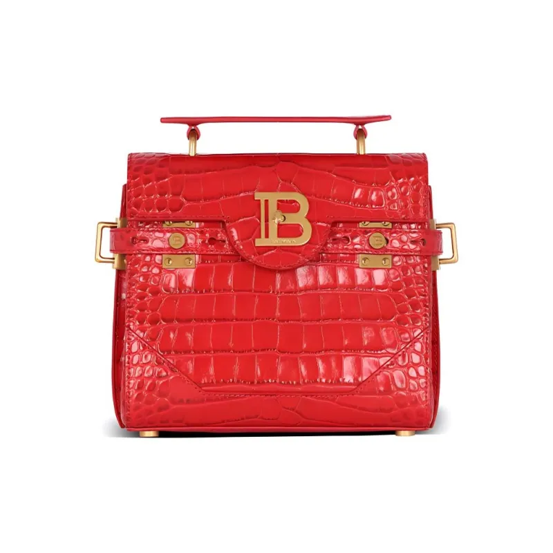 BALMAIN B-BUZZ Crocodile Pattern Leather Shoulder Bag Crossbody Bag Handbag Women's Red-0
