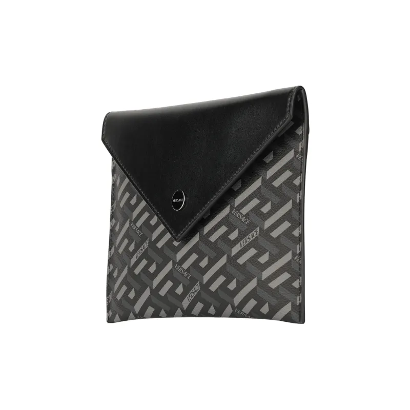 VERSACE Coated Canvas With Leather Multi Purpose Clutch Bag Unisex Black & Gray-3