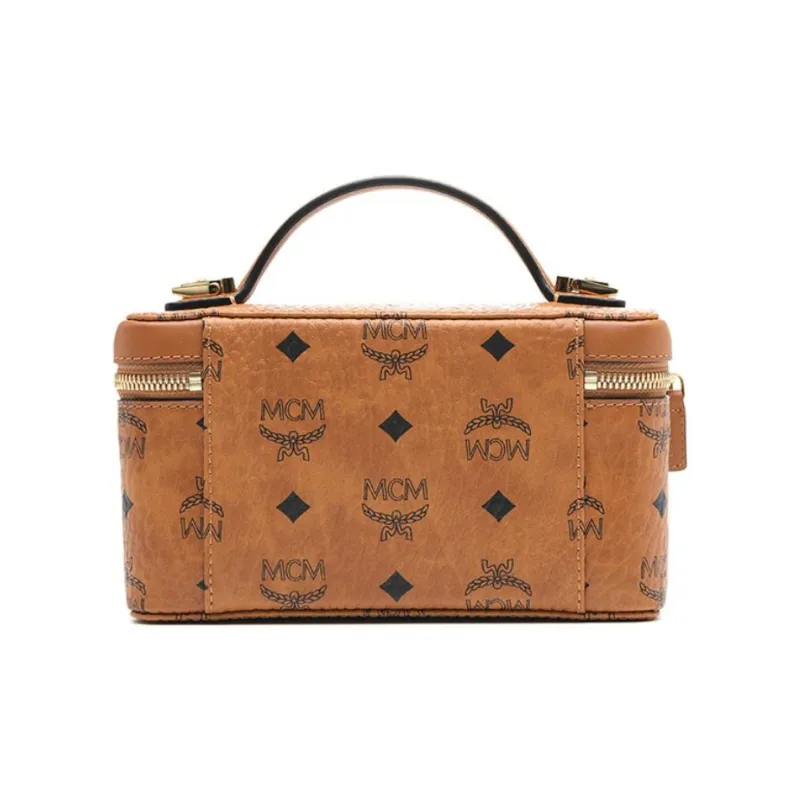 MCM Leather Box Bag, Makeup Bag, Shoulder Bag, Crossbody Bag, Handbag Women's Brown Cognac-5