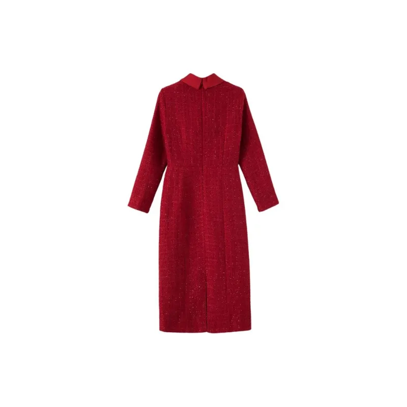 Late White Long Sleeved Dress Women's Red-1