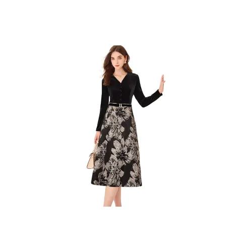 TOUCH Long-Sleeved Dresses Women's Black With Black Background And Beige Flowers