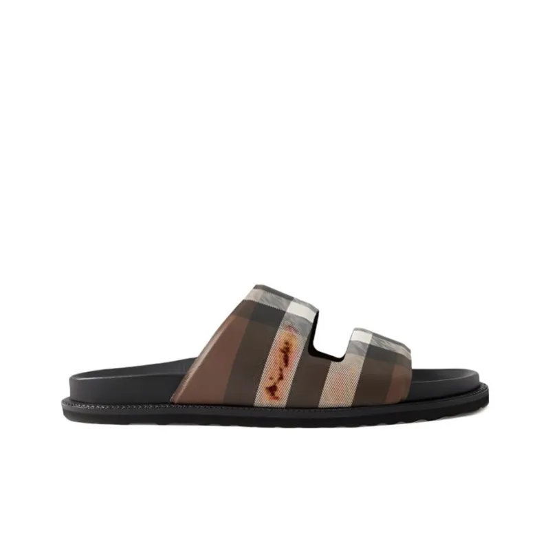 Burberry Check Cotton Canvas Slides Dark Birch Brown-1