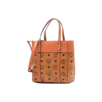 MCM Canvas paneled Calfskin Trim Tote Bag, Shopping Bag, Shoulder Bag, Crossbody Bag, Handbag Mini Women's Brown/Cognac
