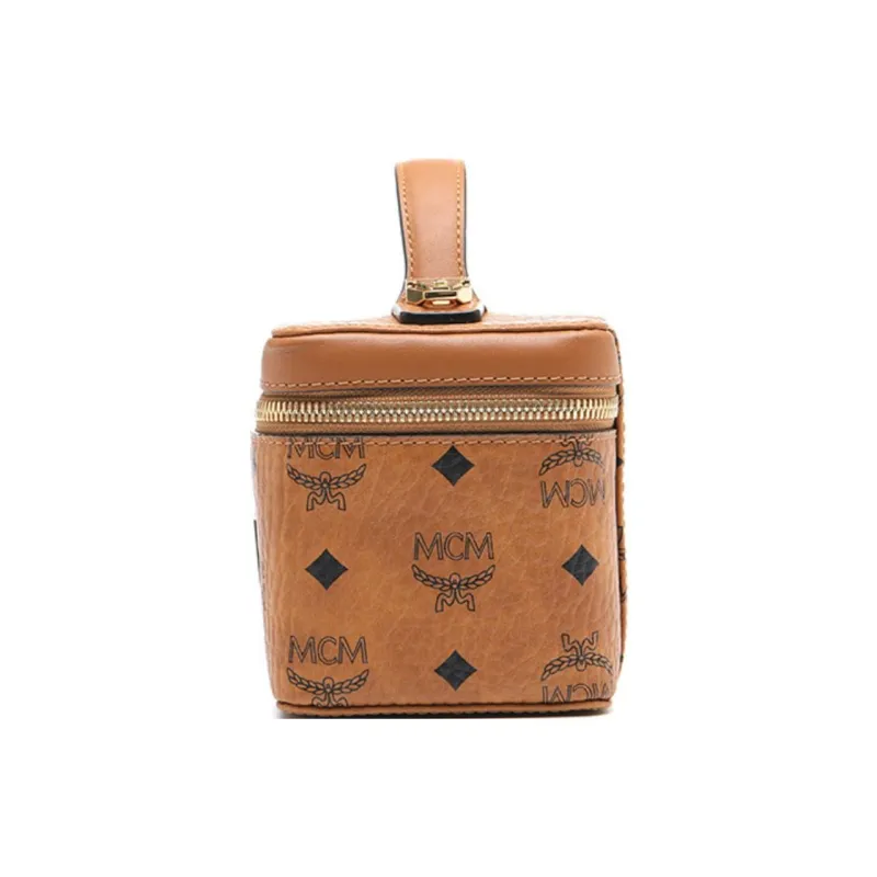 MCM Leather Box Bag, Makeup Bag, Shoulder Bag, Crossbody Bag, Handbag Women's Brown Cognac-4