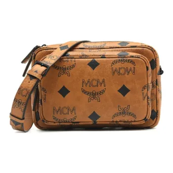 MCM Aren Visetos Coated Canvas Camera Bag, Shoulder Bag, Crossbody Bag Small Size Unisex Brown Cognac