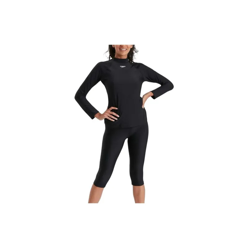 Speedo Women's Long Sleeved Sun Protection Top Black/White Two-Piece Swimsuits Women's Black-1