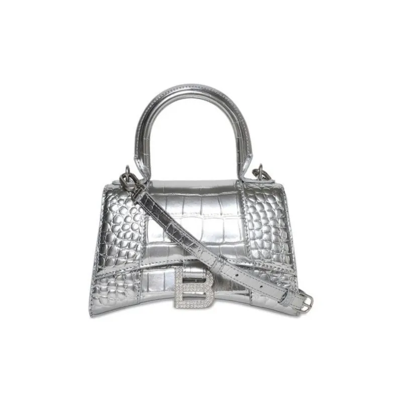 Balenciaga Hourglass Patent Leather Shoulder Bag Crossbody Bag Handbag Extra Small Women's Silver-1